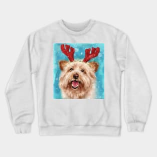 Painting of an Adorable Smiling Yorkshire Terrier with Red Antlers for Christmas Crewneck Sweatshirt